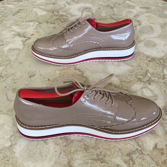 Zara Oxfords Tan Nude Patent Leather Red Heart Tongue Platform Wingtip Shoes - Picture 7 of 14